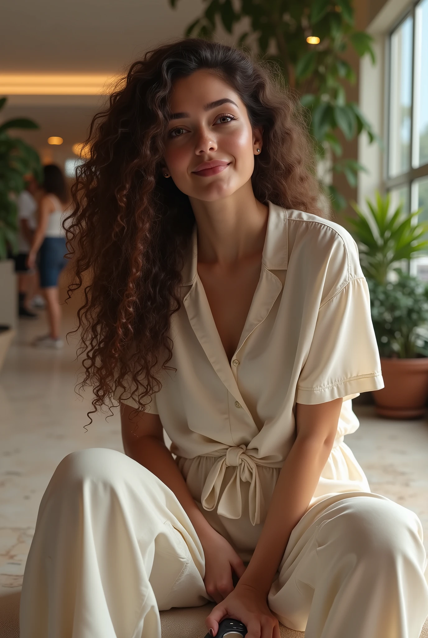 (photorealism:1.2), beautiful woman, curly hair, playing video games at mall, wearing sunglasses, relaxed pose, realistic, intricate details, warm colors