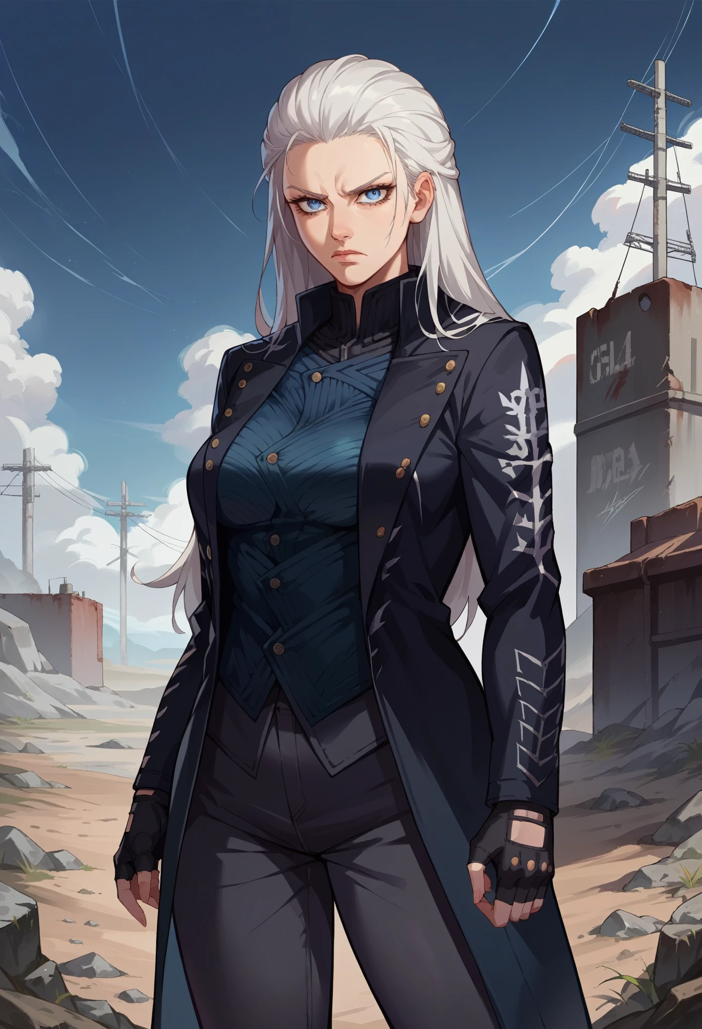 score_9, score_8_up, score_7_up, source_anime, 1girl, solo, female focus, dmc5vergil, white hair, long hair, medium breasts,blue eyes, black coat, fingerless gloves, pants, standing, serious, looking at you, wasteland, gray landscape, desolated, gray plain,