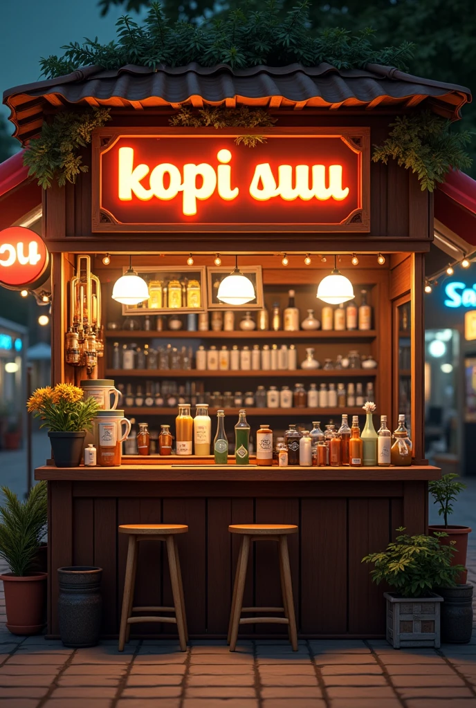 a stall, on the billboard it says "KOPI SUSU". the background is filled with glasses and bottles. the feel of a coffee shop is clearly visible. Stunning, real, real graphics.