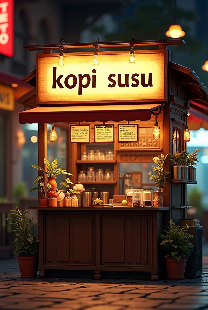 a stall, on the billboard it says "KOPI SUSU". the background is filled with glasses and bottles. the feel of a coffee shop is clearly visible. Stunning, real, real graphics.