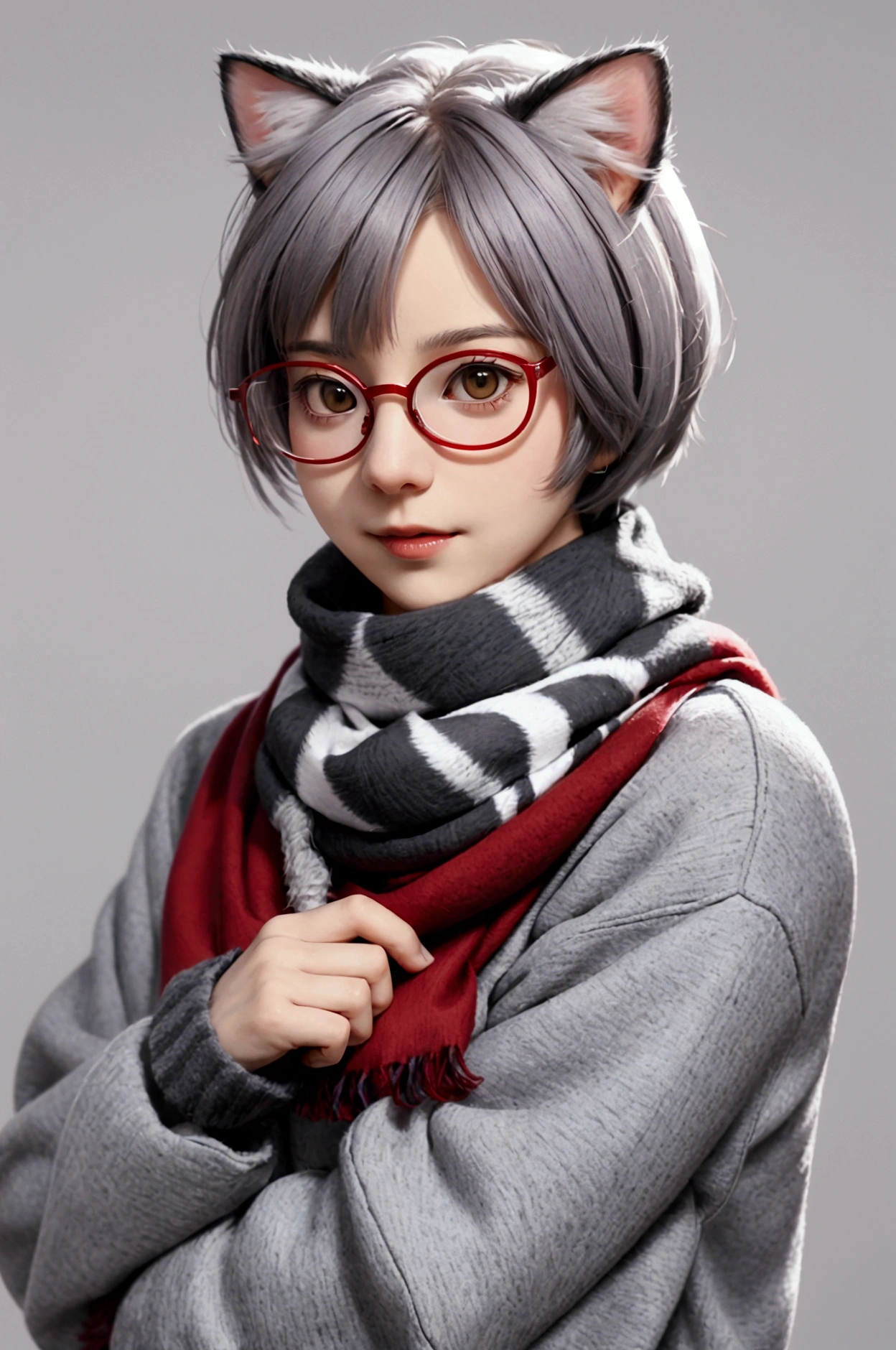 Anthropomorphic Cat with Glasses and Scarf: A shorthair cat, with grey and white fur. He wears round glasses and a red scarf., with a curious expression. The background is a light purple tone.