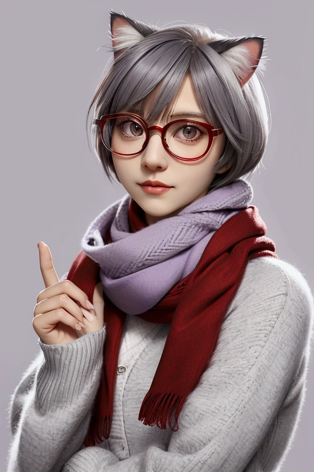 Anthropomorphic Cat with Glasses and Scarf: A shorthair cat, with grey and white fur. He wears round glasses and a red scarf., with a curious expression. The background is a light purple tone.
