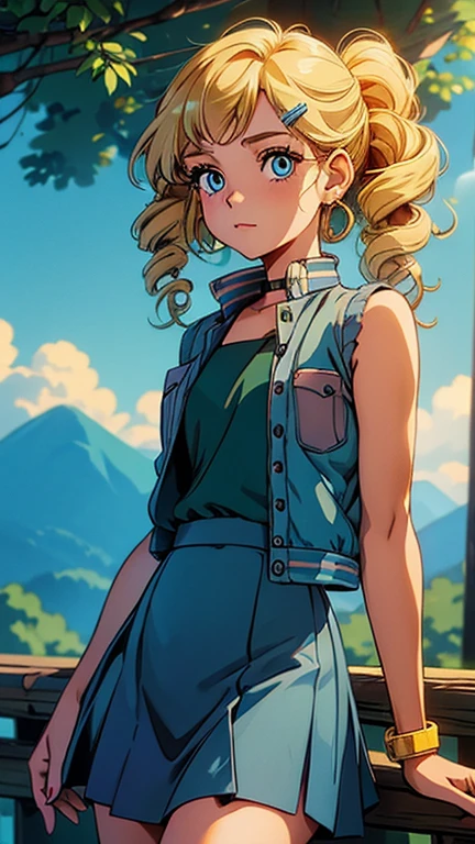 (s:1girl: ppgzbb), (extremely detailed CG unit 8k wallpaper),(master part), (best quality), (ultra detail), (best illustration),(GHIBLI_Background), cowboy shot, (Sharp eyeliner, ombre, detailed eyes:1), forest, outdoor, ,break , (lora:80'sFusion:0.6), upper body, blue eyes, blonde hair, twin drills, hairclip, earrings, vest, blue skirt, short skirt, 