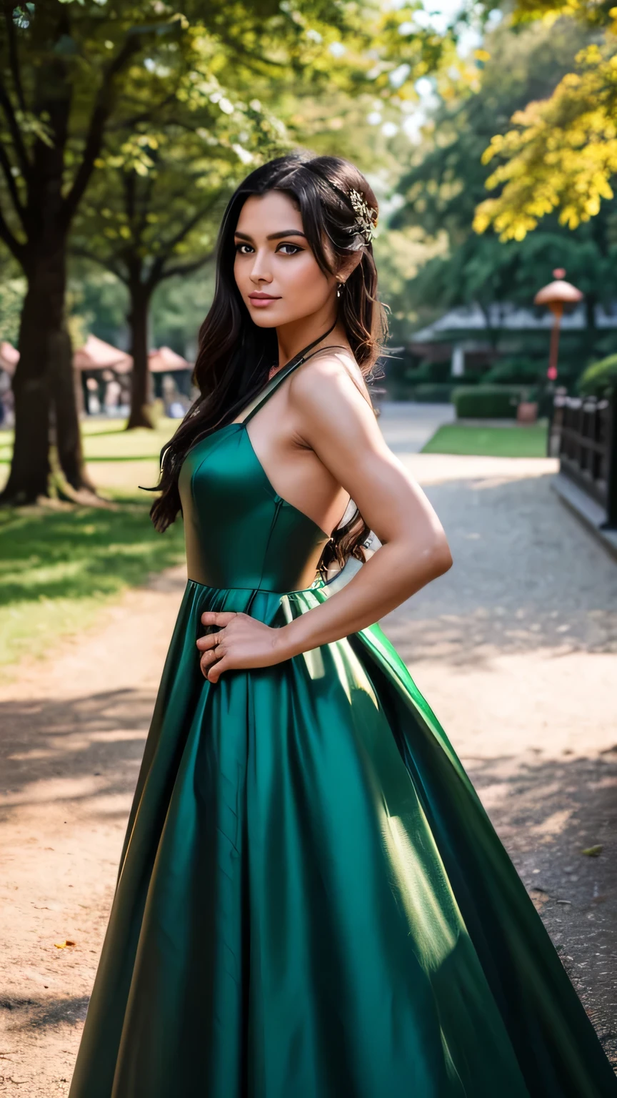 Realistic full body photo of a light brown woman with black hair and long hair, She dances in front of the camera in a long china A-line dress with straps made of shiny green satin., Park,glamour fotoshooting, Wedding celebration, perfect anatomy, perfect brown eyes. Perfect hands with 5 fingers on each hand, Matching girl, looking at the camera, 1 Frau. (Eye make up:1.1), (highly detailed skin:1.1), spirit, analog style, keen focus, 8K UHD, dslr, good quality, Fujifilm XT3, Grain, Award-winning, masterpiece. Wedding celebration. She stands in the park and looks over her shoulder into the camera. back