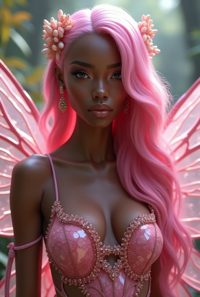 Black woman, olive skin, gorgeous, pink hair, pink crystal garment, fairy princess style,fairy wings, ultra high resolution, 8k, 3d
