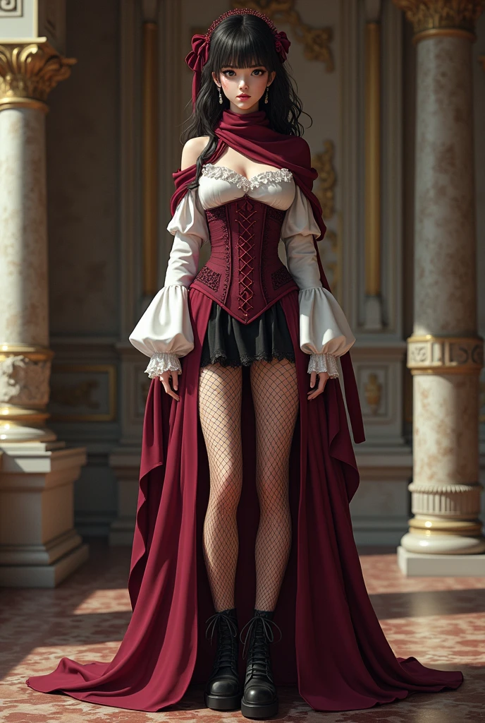 Choso from Jujutsu Kaisen as a renaissance woman, white top, burgundy corset, burgundy scarf, white dress, choso makeup, double slit skirt, fishnet tights, combat boots