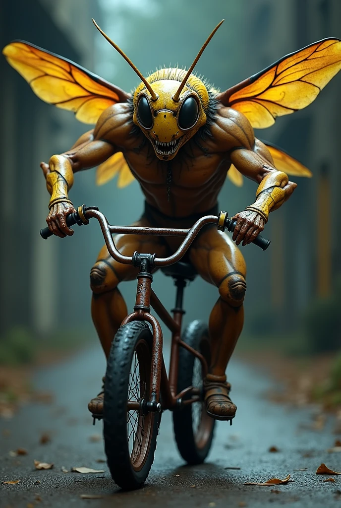 A bee animal with a muscular human body.horror.use bmx bike.with the slogan.BMX boetoet.3d