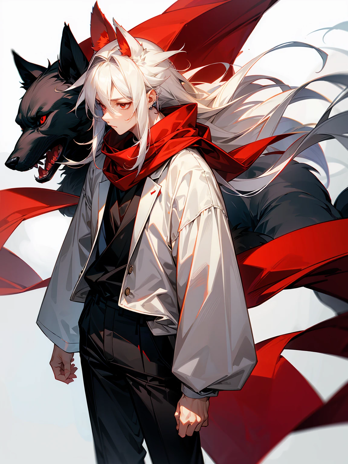 1male, Adult, Long White Hair, White Baggy Long Sleeve Shirt, Baggy Black Pants, Red Eyes, Red Scarf, Earring, Masculine, Beast, Dog Ears
