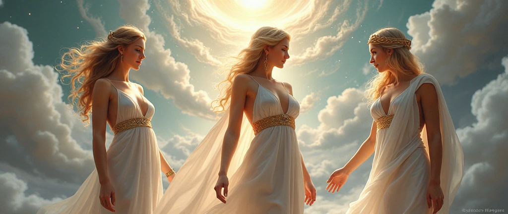 The beautiful goddess Hera in a very thin outfit, Aphrodite, Athena, whole body