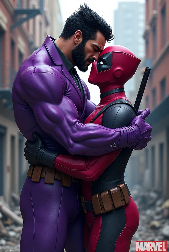 Wolverine in purple suit and Deadpool in purple suit hugging
