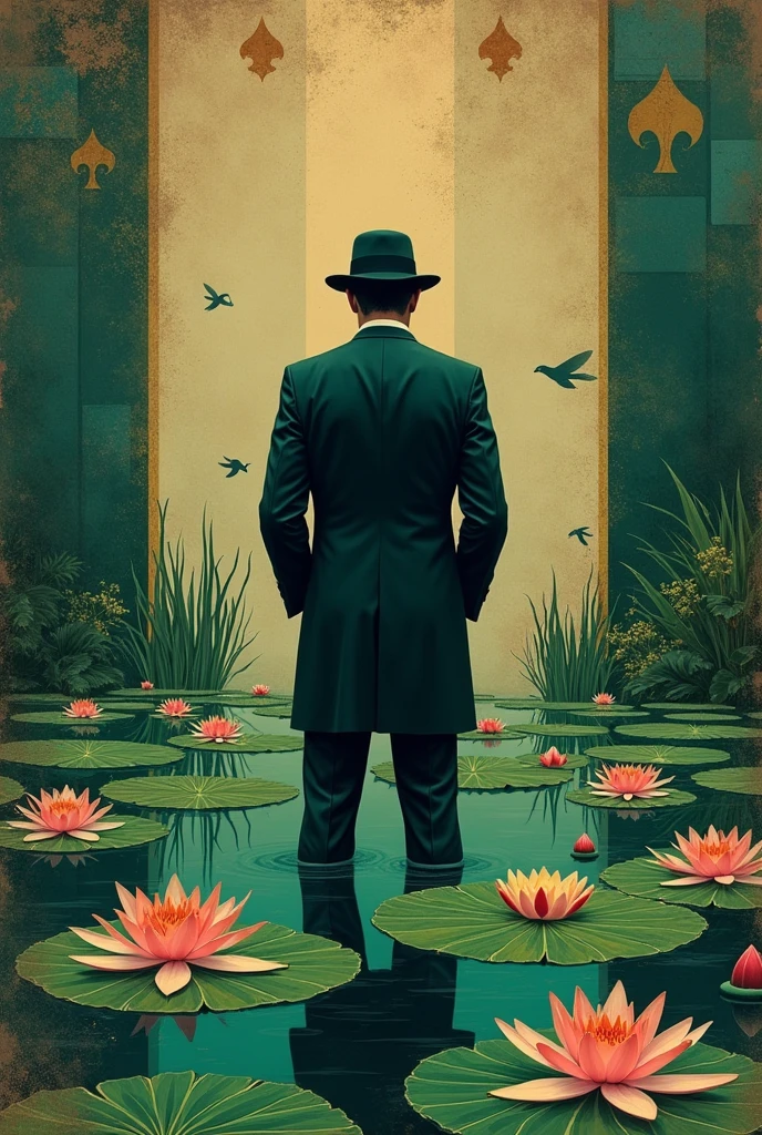 Cloude Monet in board game style mafia with dark beige and green background