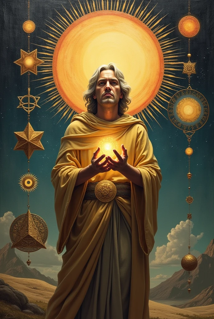 Painting of Isaac Newton as Pythagoras, holds cryptocurrency in hands , Sacred Geometry, platonic solids in zero gravity, Sun, floating geometry, hemerism, Symbol of the sun, Sealed, Hermetic symbols, (main part), (better quality), ((foreground)), The Art of Boris Vallejo, Sid Mead.
