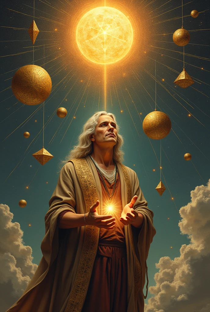 Painting of Isaac Newton as Pythagoras, holds cryptocurrency in hands , Sacred Geometry, platonic solids in zero gravity, Sun, floating geometry, hemerism, Symbol of the sun, Sealed, Hermetic symbols, (main part), (better quality), ((foreground)), The Art of Boris Vallejo, Sid Mead.