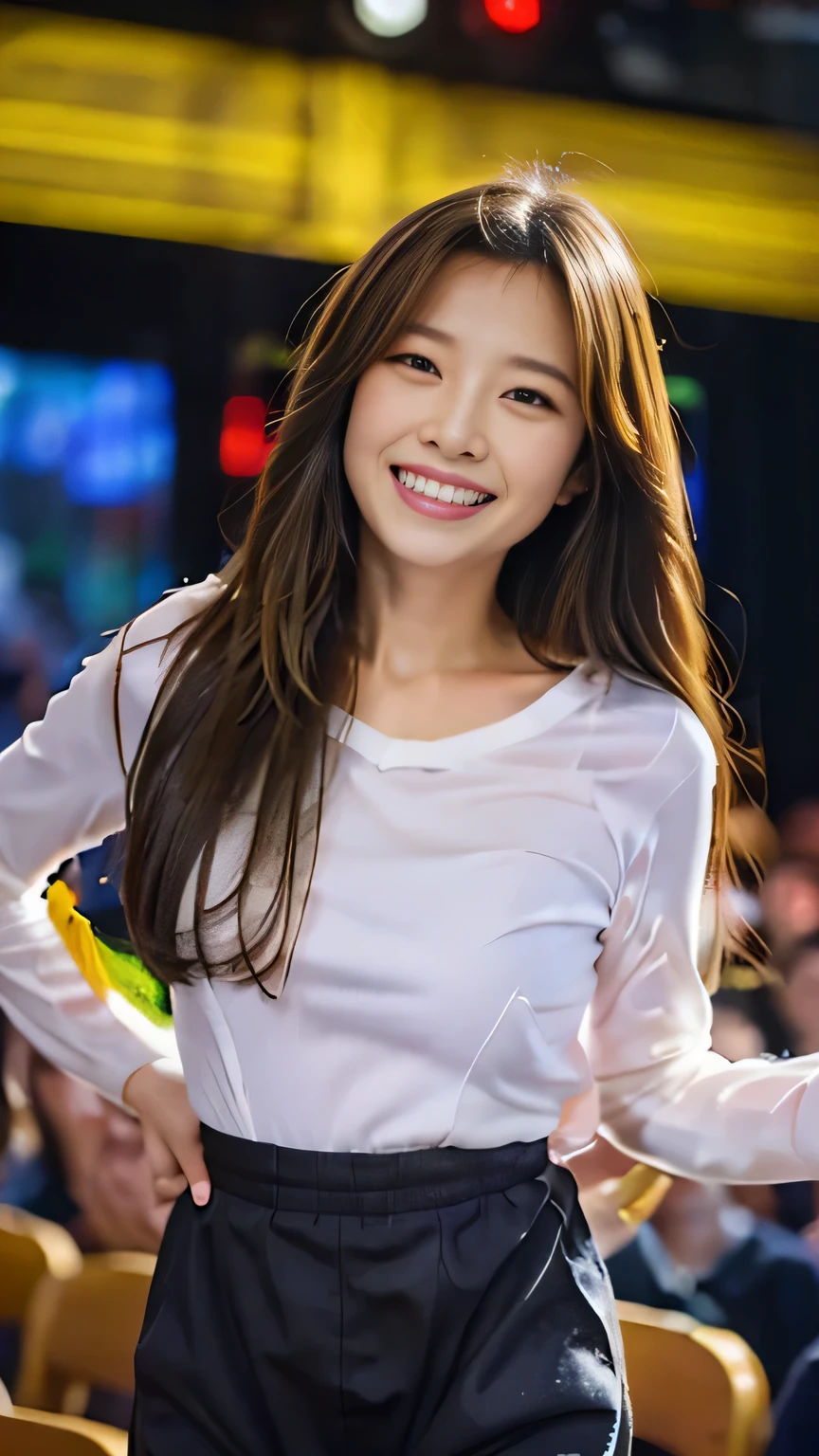 uhd, masterpiece, super detail, 16K, best quality, One Japanese person、housewife、30 years old、Walking towards here、Return from shopping、Big smile、Long hair tied back、Light brown hair、A black long-sleeved T-shirt with a loose neckline、A loose long skirt、Watching the audience、Cowboy Shot、