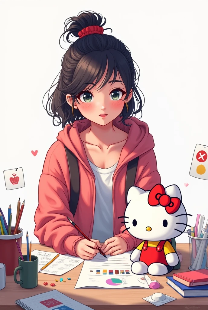 Image of a teenage girl studying graphic design with a Hello Kitty on a white background in decent clothes