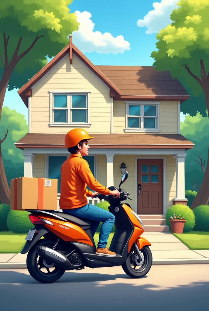 Show a delivery bike stopped in front of a house with a happy man delivering a package