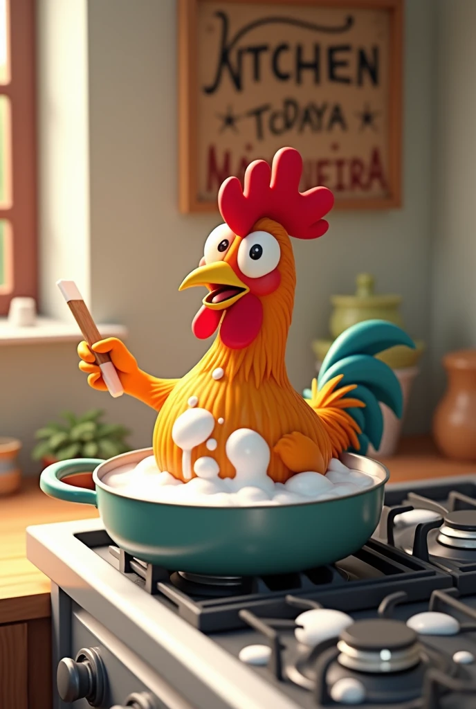 A 3d anime photo, of a live rooster, taking a bath in a pan on the stove and scrubbing with a spatula. A sign says TODAY THERE IS ROOSTER WITH PASTA IN MADUREIRA 
