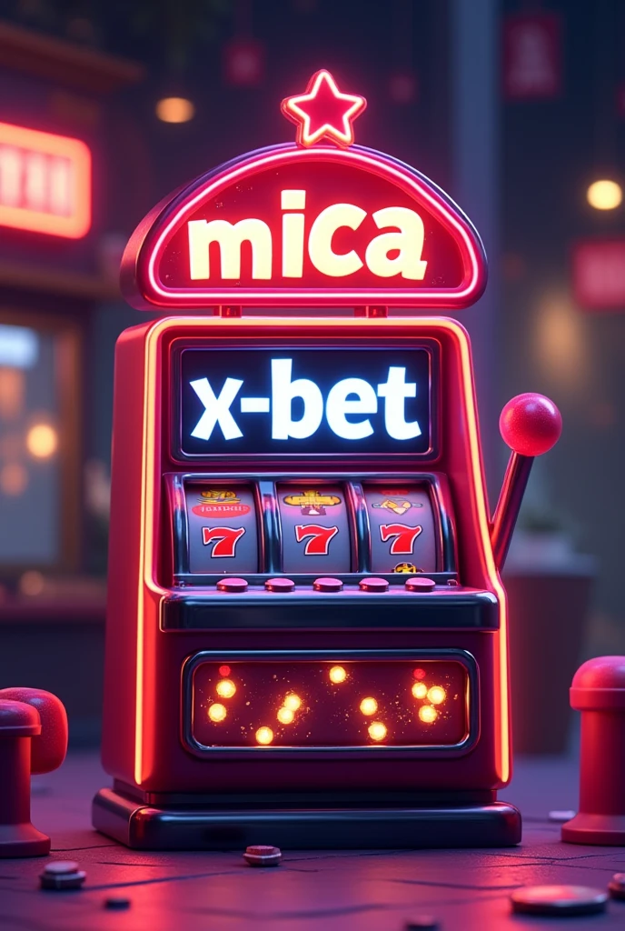 a casino slot type triangle, inside and above that say the name "Mica" in white and red "bet". Under those words "X-bet" head on, cartoon style colors. ALL IN LATIN SPANISH IN 3D