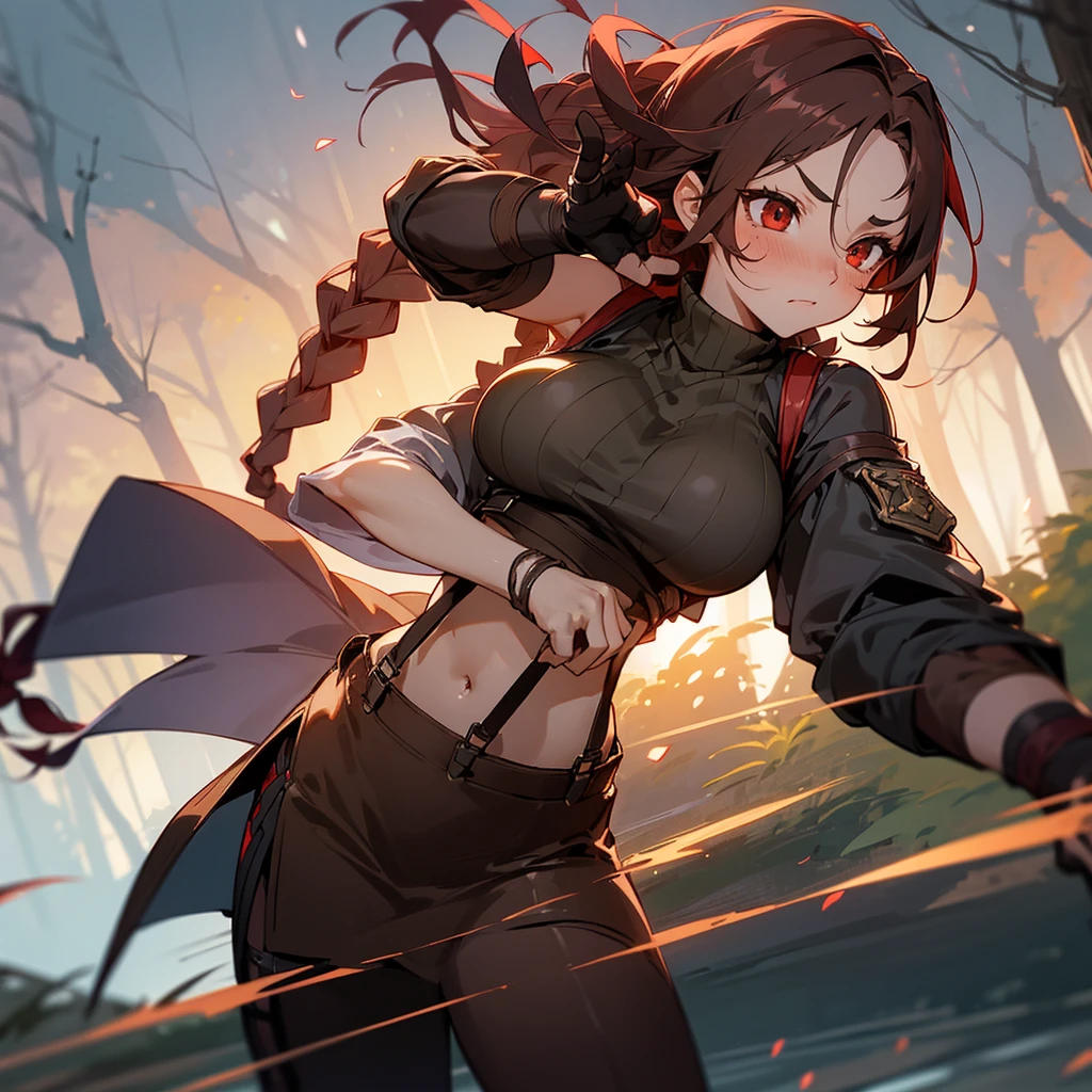 1female, sexy, big breast, young adult, finely detailed red eyes, wild long hair, braided hair, dark brown color hair, adventurer gear, suspenders, sleeveless crop top sweater, combat skirt, night time, dark forest, somber expression, flowers, blushing, standing on path, lanturns, black armband, mma gloves