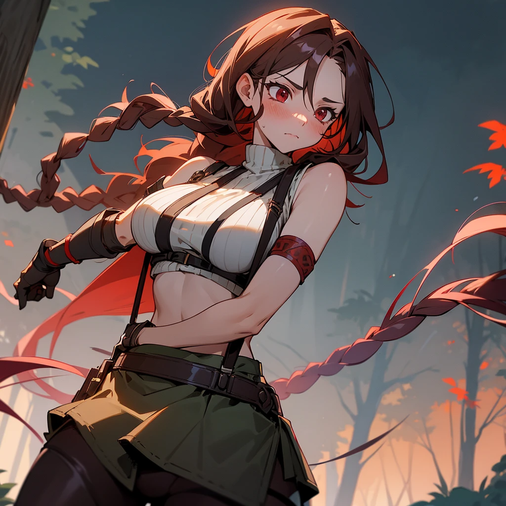 1female, sexy, big breast, young adult, finely detailed red eyes, wild long hair, braided hair, dark brown color hair, adventurer gear, suspenders, sleeveless crop top sweater, combat skirt, night time, dark forest, somber expression, flowers, blushing, standing on path, lanturns, black armband, mma gloves