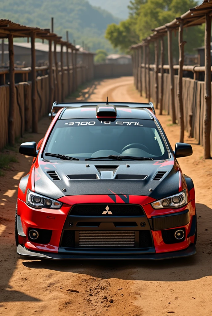 A Mitsubishi Lancer Evo inside an animal pen that looks a bit remote 