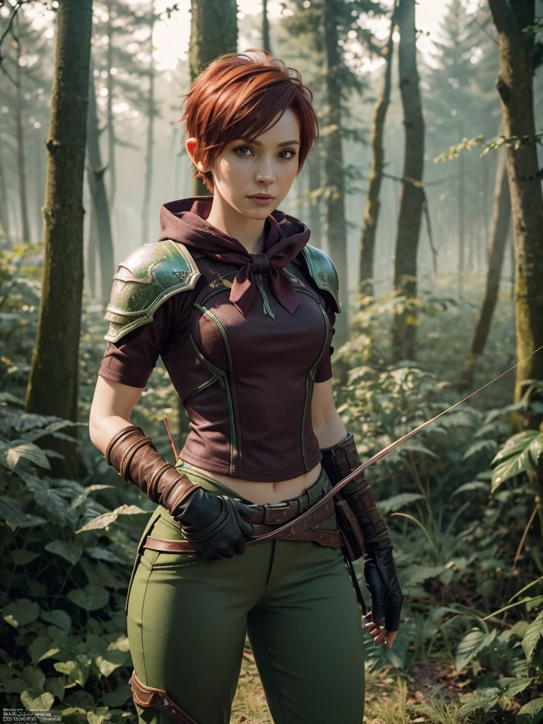 slim feminine figure, redhead, best quality, realistic skin texture, photography, film grain texture and high contrast, extremely high-resolution details, photographic, photorealistic, hyper-realistic, HDR, masterpiece, ((short pixie hair)), dressed up as a night elf hunter from world of warcraft, full green hunter armor, (a bow), a green lust forest in the background, brown pants