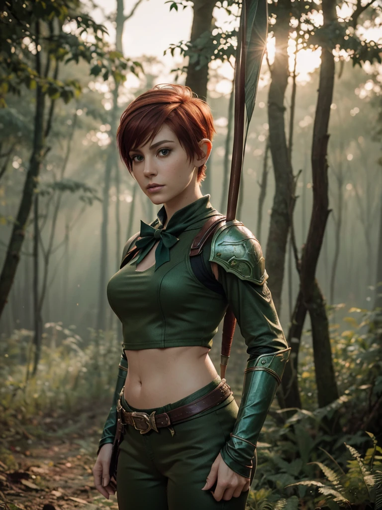 slim feminine figure, redhead, best quality, realistic skin texture, photography, film grain texture and high contrast, extremely high-resolution details, photographic, photorealistic, hyper-realistic, HDR, masterpiece, ((short pixie hair)), dressed up as a night elf hunter from world of warcraft, full green hunter armor, (a bow), a green lust forest in the background, brown pants