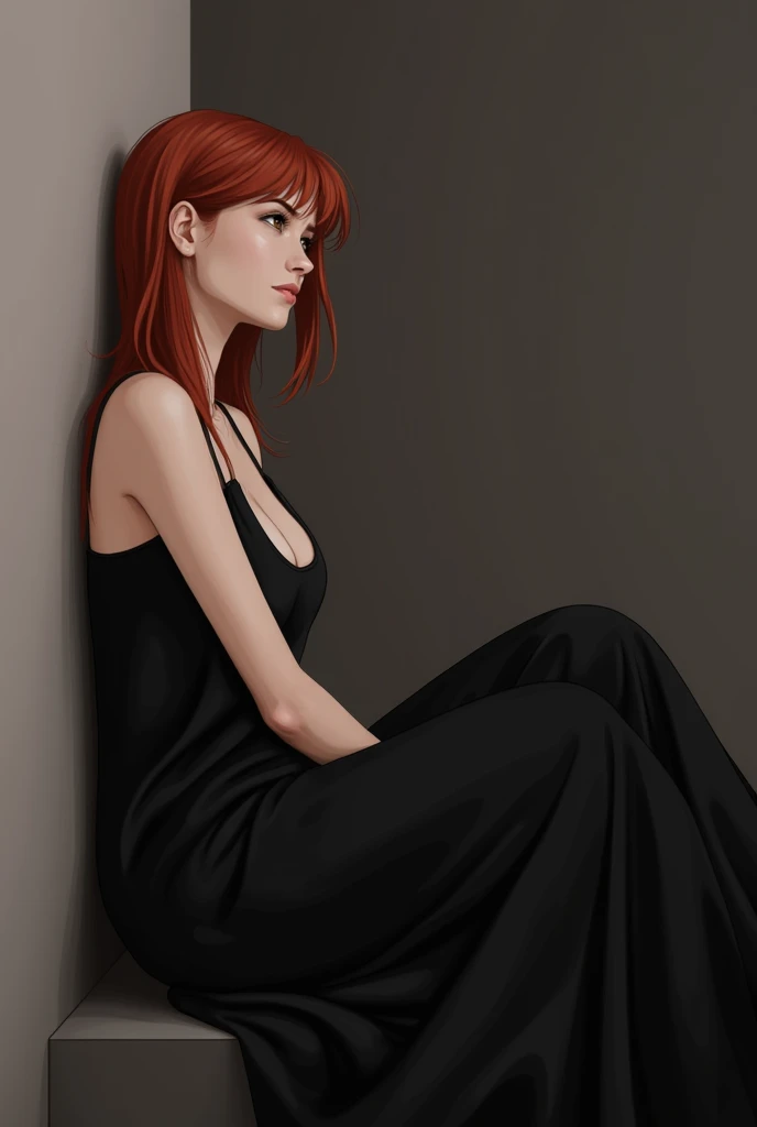 A woman with red hair and brown eyes sitting leaning against the wall looking at the ceiling, she is wearing a black dress. 