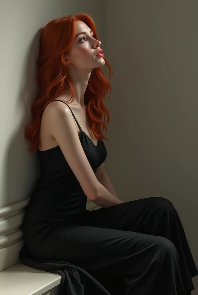 A woman with red hair and brown eyes sitting leaning against the wall looking at the ceiling, she is wearing a black dress.