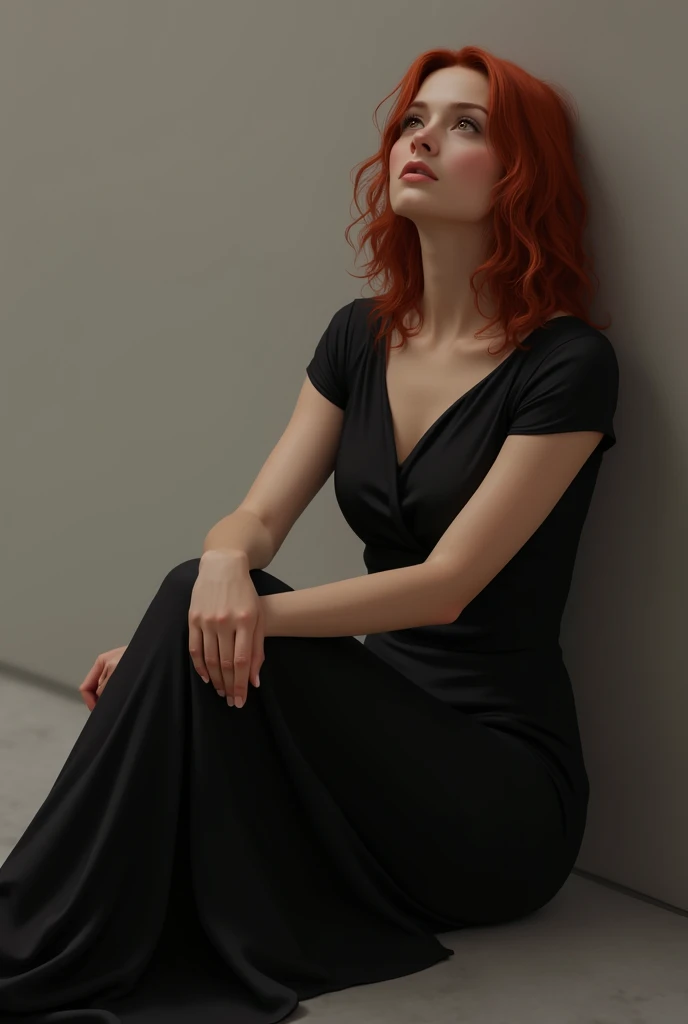 A woman with red hair and brown eyes sitting leaning against the wall looking at the ceiling, she is wearing a black dress. 