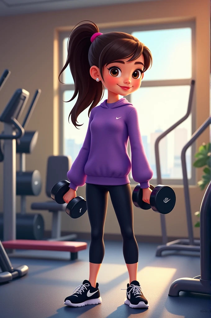 Disney-style poster with a girl in the gym, combed with ponytail dark brown hair and straight, Purple sweater and black sports leggings, black nike tennis shoes, dumbbells in hands, dumbbell background with exercise machines