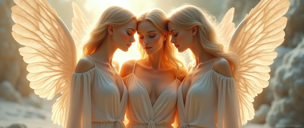 Three beautiful female angels in very light clothing, whole body