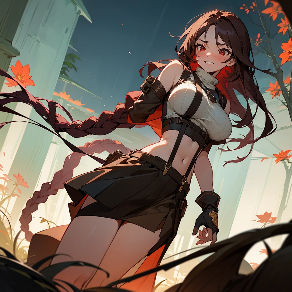 1female, sexy, big breast, young adult, finely detailed red eyes, wild long hair, braided hair, dark brown color hair, adventurer gear, suspenders, sleeveless crop top sweater, baggy combat skirt, night time, dark forest, happy expression, flowers, blushing, standing on path, lanturns, black armband, mma gloves