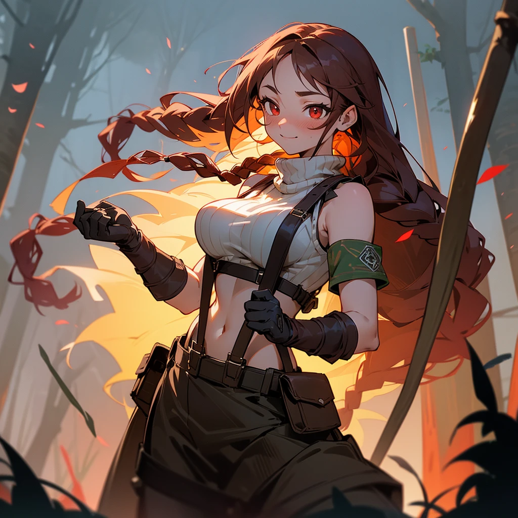 1female, sexy, big breast, young adult, finely detailed red eyes, wild long hair, braided hair, dark brown color hair, adventurer gear, suspenders, sleeveless crop top sweater, baggy combat skirt, night time, dark forest, happy expression, flowers, blushing, standing on path, lanturns, black armband, mma gloves