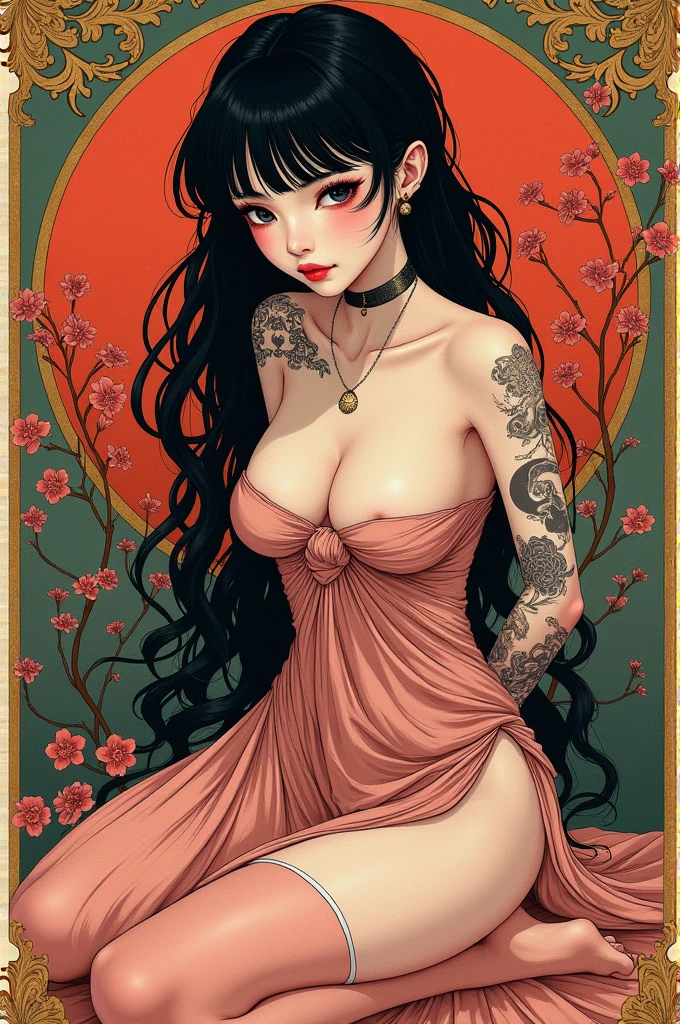 ((best quality)), ((masterpiece)), (detailed), ((perfect face)), surreal, ((art nouveau)), in the illustrative style of moebius, sparrows, fantasy, ethereal, gold border, graphic novel, line drawing, japanese, traditional, vintage, elegant, chic, sophisticated, tattooed face, vibrant pinks, stark blacks, gold details, (((elegant erotic beautiful japanese girl))), big breasts, ((black hair)), maxi dress, intricate details, delicate facial features, beautiful black eyes, ulzzang, long eyelashes, small nose, full lips, porcelain skin, natural lighting, warm color palette, chiaroscuro lighting, dramatic shadows, sensual, alluring, mature themes, artistic, dreamlike, ethereal, ((arms behind back)), thigh highs, ((white panties)), sideboob, cleavage, looking at viewer, ulzzang, (black eyes), sitting, legs spread open, sexy, submissive, erotic, 