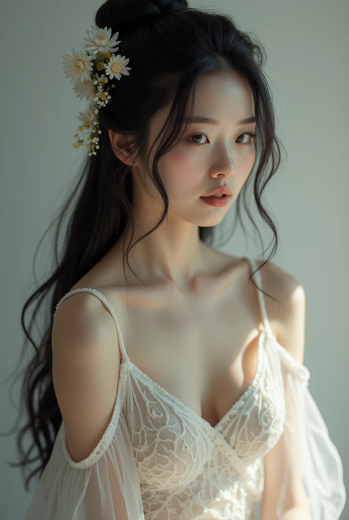 (Top Quality, 8K, Masterpiece: 1.3)), (1 person: 1.4), 1girl, Japan woman, Goddess, , portrait photography, high contrast, divine perspective, aperture F1.2, focal length 24mm, (full body: 1.2), smile, photo pose, fine lace, slip dress, simple cut dress, brand dress, simple cut, long black hair, hair tying, ultra detailed skin details, Detailed fabric texture sex
