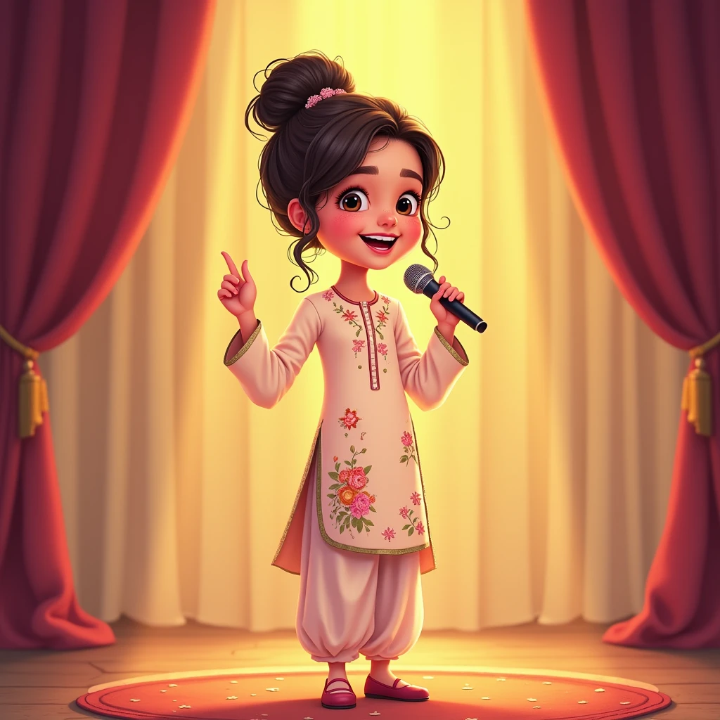 Lily, (highest quality, 4k, masterpiece:1.3), A young Pakistani Muslim girl singing into a microphone, wearing a traditional shalwar kameez with floral embroidery. Her hair is styled in a neat bun with loose strands framing her face. She stands confidently, holding the microphone with one hand, the other hand raised joyfully. The image is in a 2D animation style, with bright colors, cartoonish features, and soft, smooth shading. The background shows soft curtains, warm stage lighting, and a playful, joyful atmosphere. Clear outlines, simple textures, and an illustrated, digital painting look.