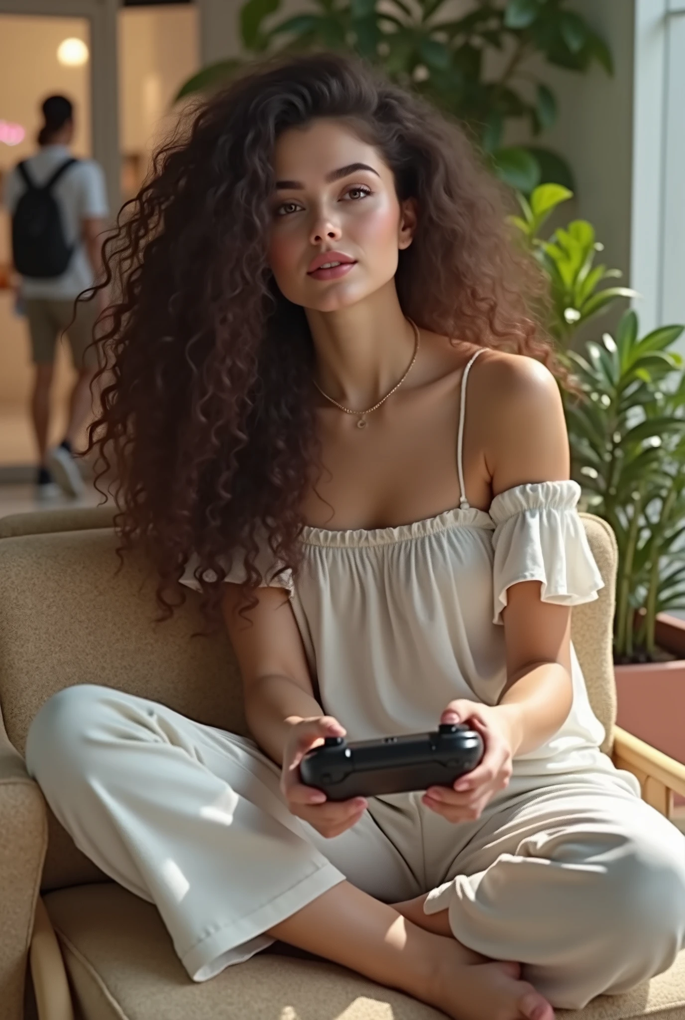 (photorealism:1.2), beautiful woman, curly hair, playing video games at mall, wearing sunglasses, relaxed pose, realistic, intricate details, warm colors