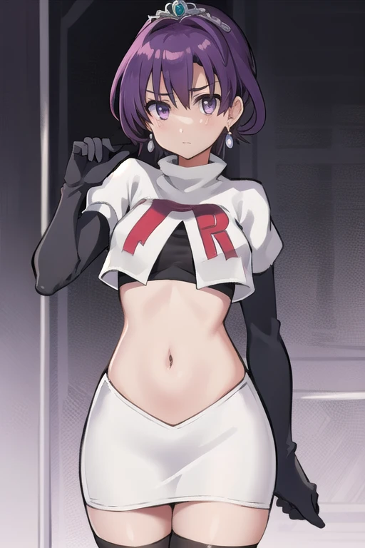 best quality, (masterpiece:1.2), illustration, absurdres,
(1girl, solo), (beautiful detailed girl), 
Klaudia von Auslese, purple_hair, short_hair, purple_eyes, small_breasts, timid, (shy:0.8),
jewelry, earrings, silver tiara, team rocket,team rocket uniform,white skirt,red letter R,crop top,black thigh-highs,black elbow gloves, looking at viewer,
