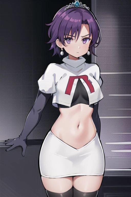 best quality, (masterpiece:1.2), illustration, absurdres,
(1girl, solo), (beautiful detailed girl),
Klaudia von Auslese, purple_hair, short_hair, purple_eyes, small_breasts, timid, (shy:0.8),
jewelry, earrings, silver tiara, team rocket,team rocket uniform,white skirt,red letter R,crop top,black thigh-highs,black elbow gloves, looking at viewer,