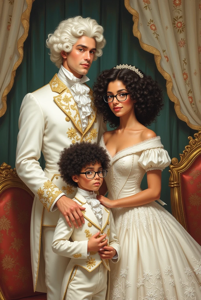 Rococo style illustration of a white couple, Black curly haired boy with glasses next to a straight haired girl with glasses 