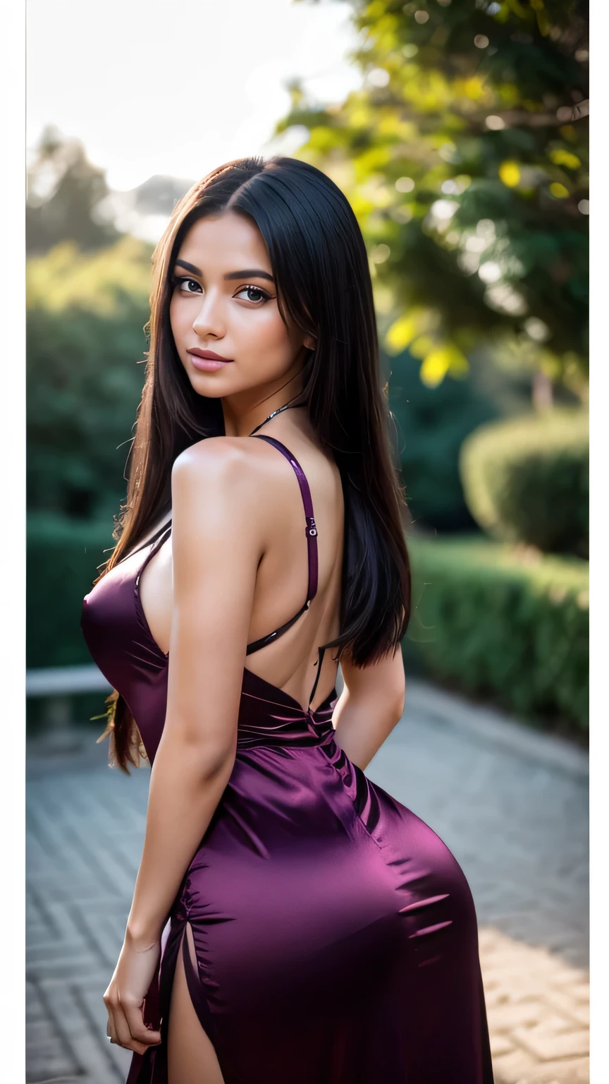 Realistic full body photo of a woman with black hair and long hair, light brown skin (latina) She dances in front of the camera in a long china A-line dress with straps made of shiny purple satin., Park,glamour fotoshooting, Wedding celebration, perfect anatomy, perfect brown eyes. Perfect hands with 5 fingers on each hand, Matching girl, looking at the camera, 1 Frau. (Eye make up:1.1), (highly detailed skin:1.1), spirit, analog style, keen focus, 8K  UHD, dslr, good quality, Fujifilm XT3, Grain, Award-winning, ​masterpiece. Wedding celebration. She stands in the park and looks over her shoulder into the camera. back