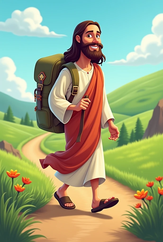Jesus cartoon with a backpack