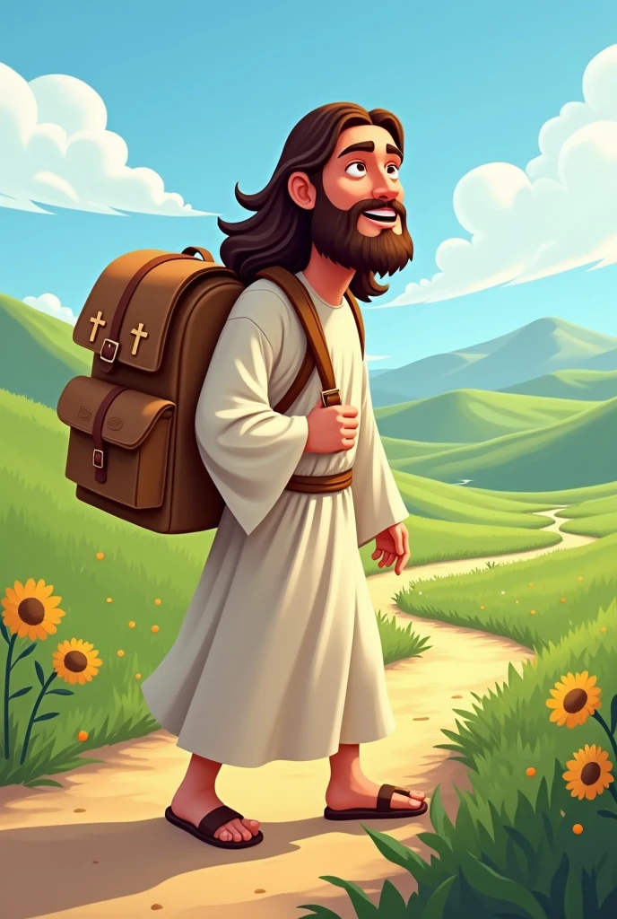 Jesus cartoon with a backpack