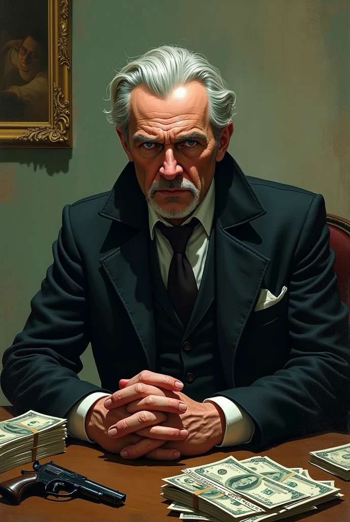 develop an art in which the godfather is playing cards in a room and in the background has a sign written MAIZONA