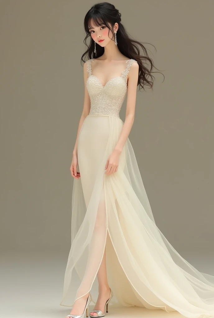 Simple wedding dress in vintage mikado fabric without volume with details, the bride has bangs and loose hair wearing a cheerful dress, the dress has no frills and details the body. Show the entire bride alone, the shoes are made of glass, ultra mikado fabric without false volume