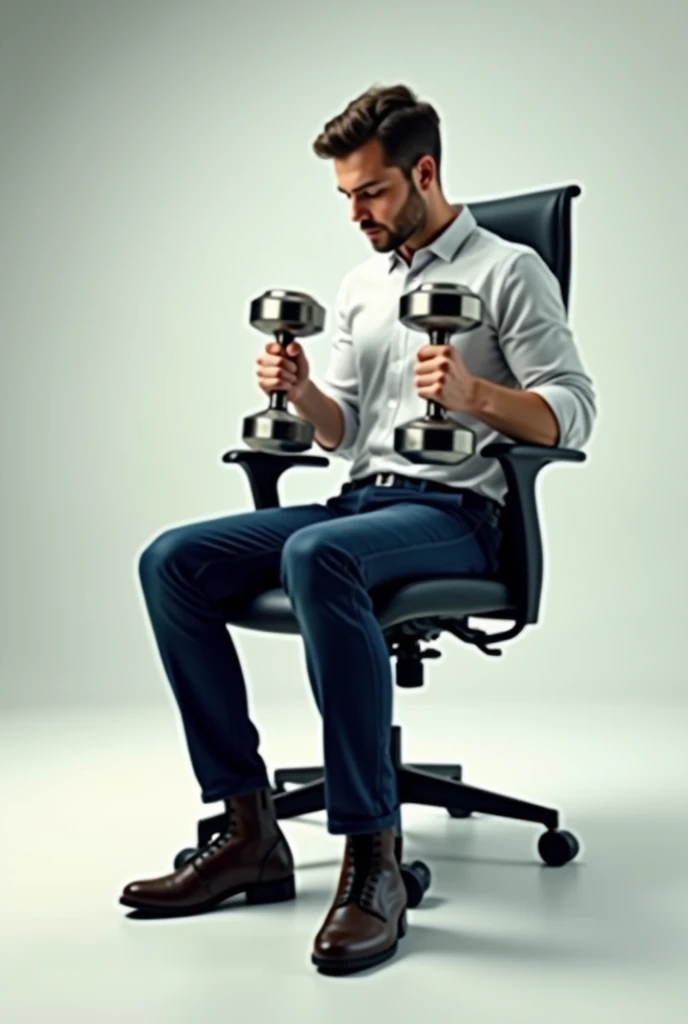 Create an image of the assembly used in the physical experiment of conservation of angular motion which consists of a swivel office chair, A person sits on this chair while holding two dumbbells in each hand and they come against his chest 