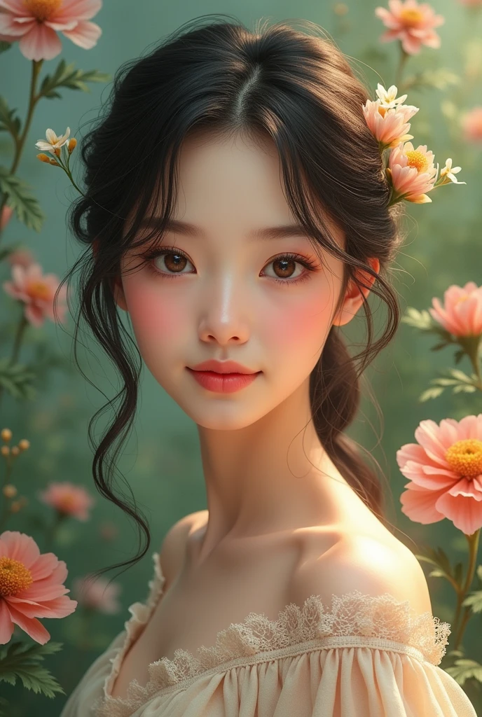 cute asian girl, , full body, beautiful detailed eyes, beautiful detailed lips, extremely detailed eyes and face, long eyelashes, delicate facial features, soft skin, flowing hair, intricate hair details, pastel colors, warm lighting, serene expression, nature background, lush greenery, flowers, detailed environment, photorealistic, 8k, high quality, masterpiece, digital painting