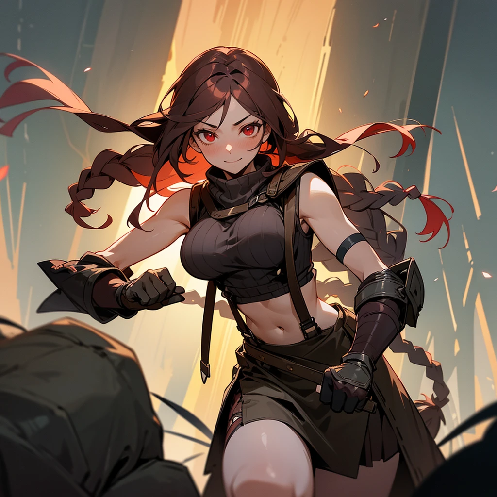 1female, sexy, big breast, young adult, finely detailed red eyes, wild long hair, braided hair, dark brown color hair, adventurer gear, suspenders, sleeveless crop top sweater, combat skirt, night time, dark forest, happy expression, flowers, blushing, standing on path, lanturns, black armband, mma gloves
