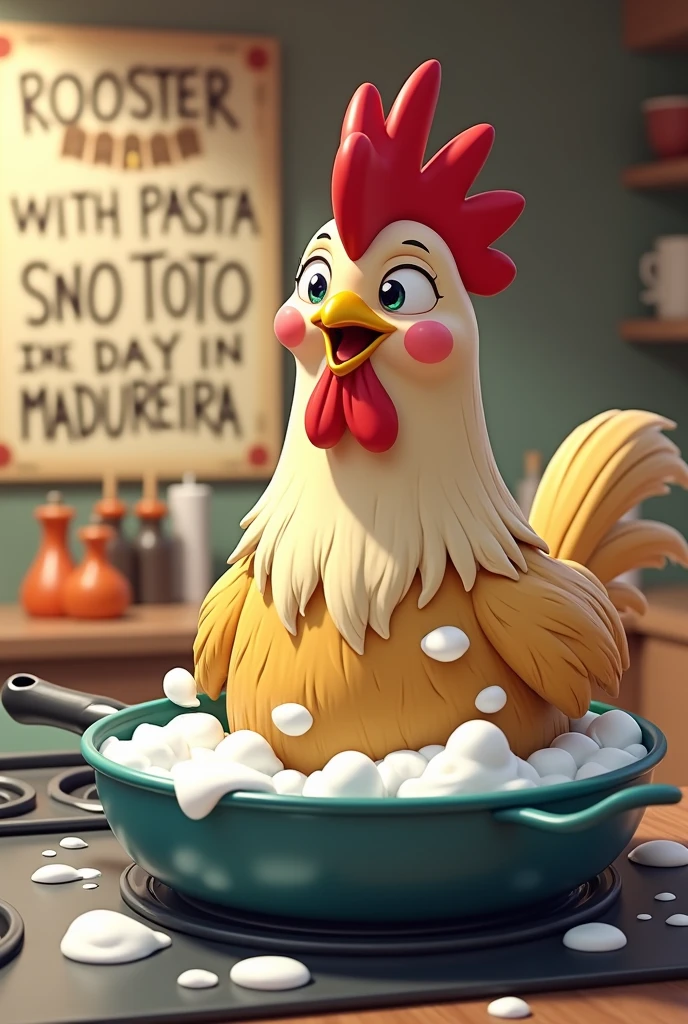 A 3d anime photo, of a live rooster, taking a bath in a pan on the stove and scrubbing with a spatula. A sign says TODAY THERE IS ROOSTER WITH PASTA IN MADUREIRA